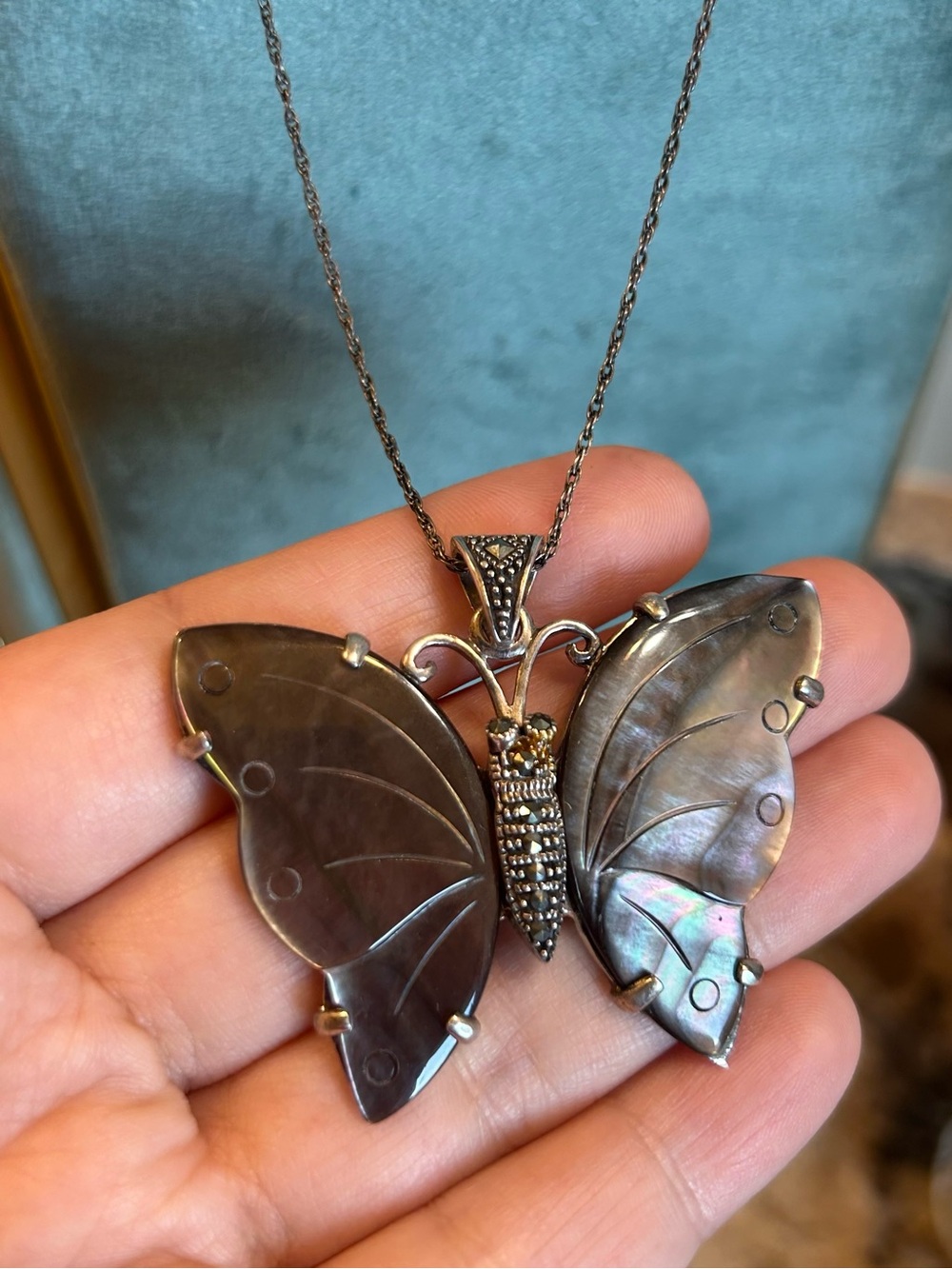Sterling silver marcasite & abalone butterfly pendant & chain